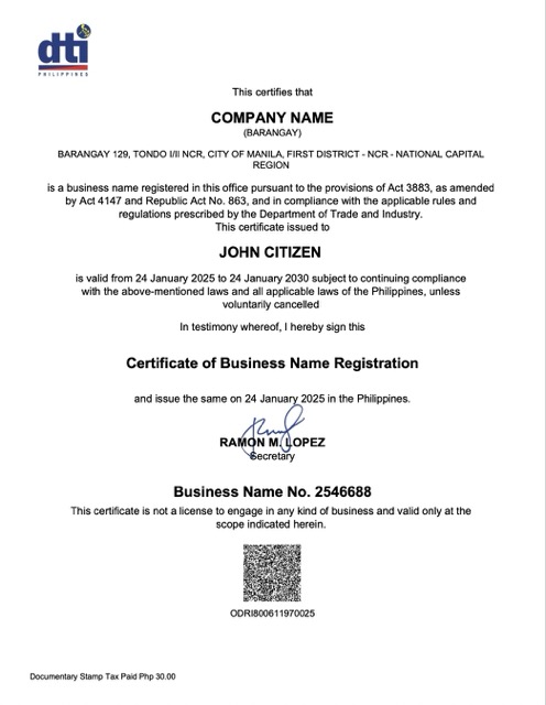 Philippines Barangay certificate of business name registration Word and PDF template
